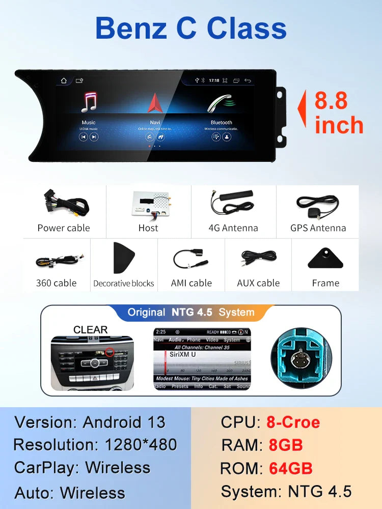 8.8-calowy Android AUTO multimedia do Mercedes-Benz C-Class W204 S204
